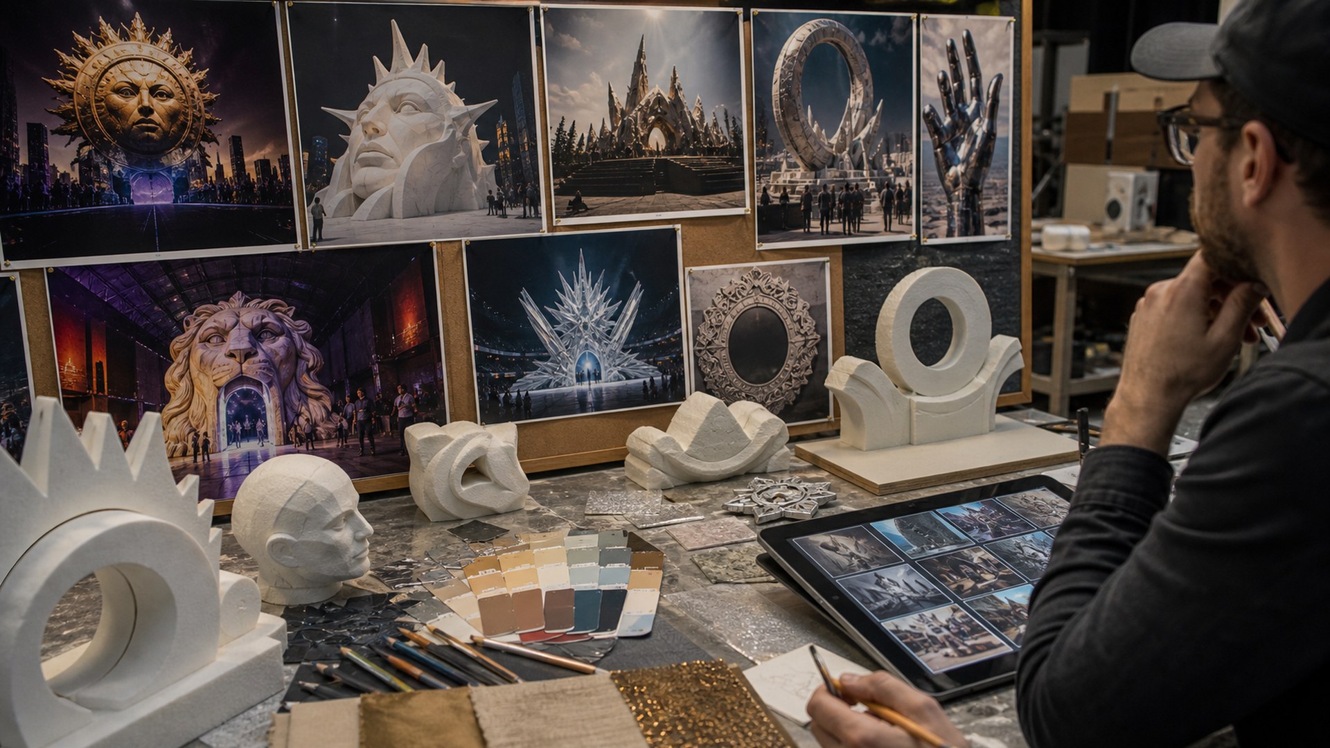 Midjourney AI giant prop design tool in a photorealistic fabrication studio workflow