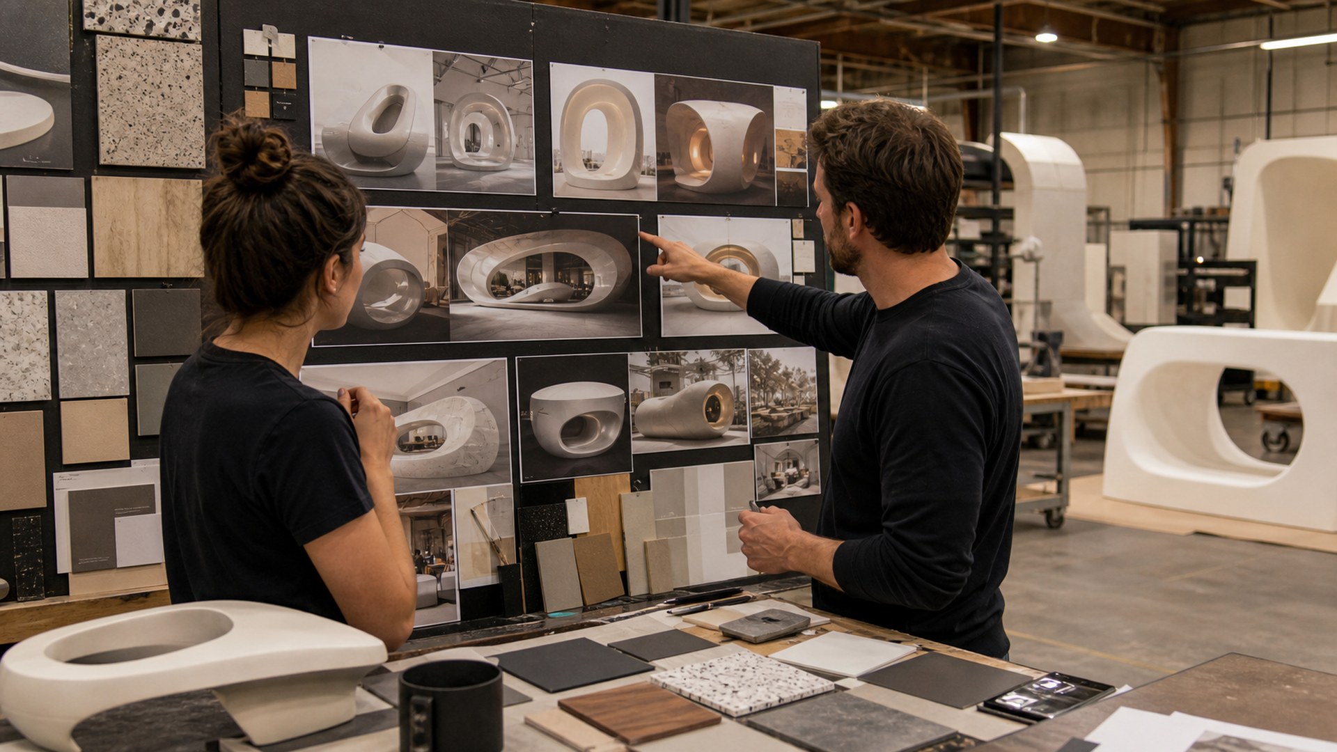 Midjourney AI tool shown in a large format fabrication studio workflow