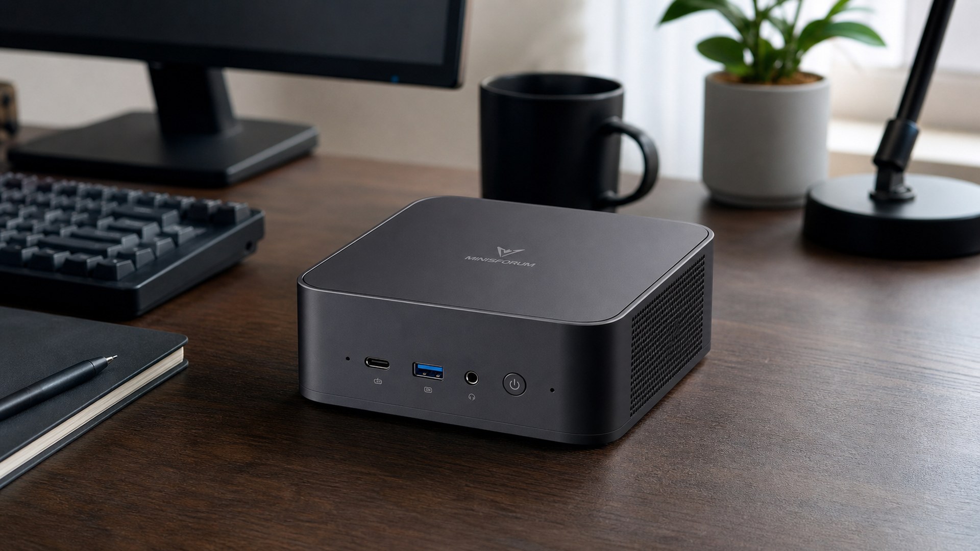 Minisforum UM890 Pro dark mini PC on a productivity desk