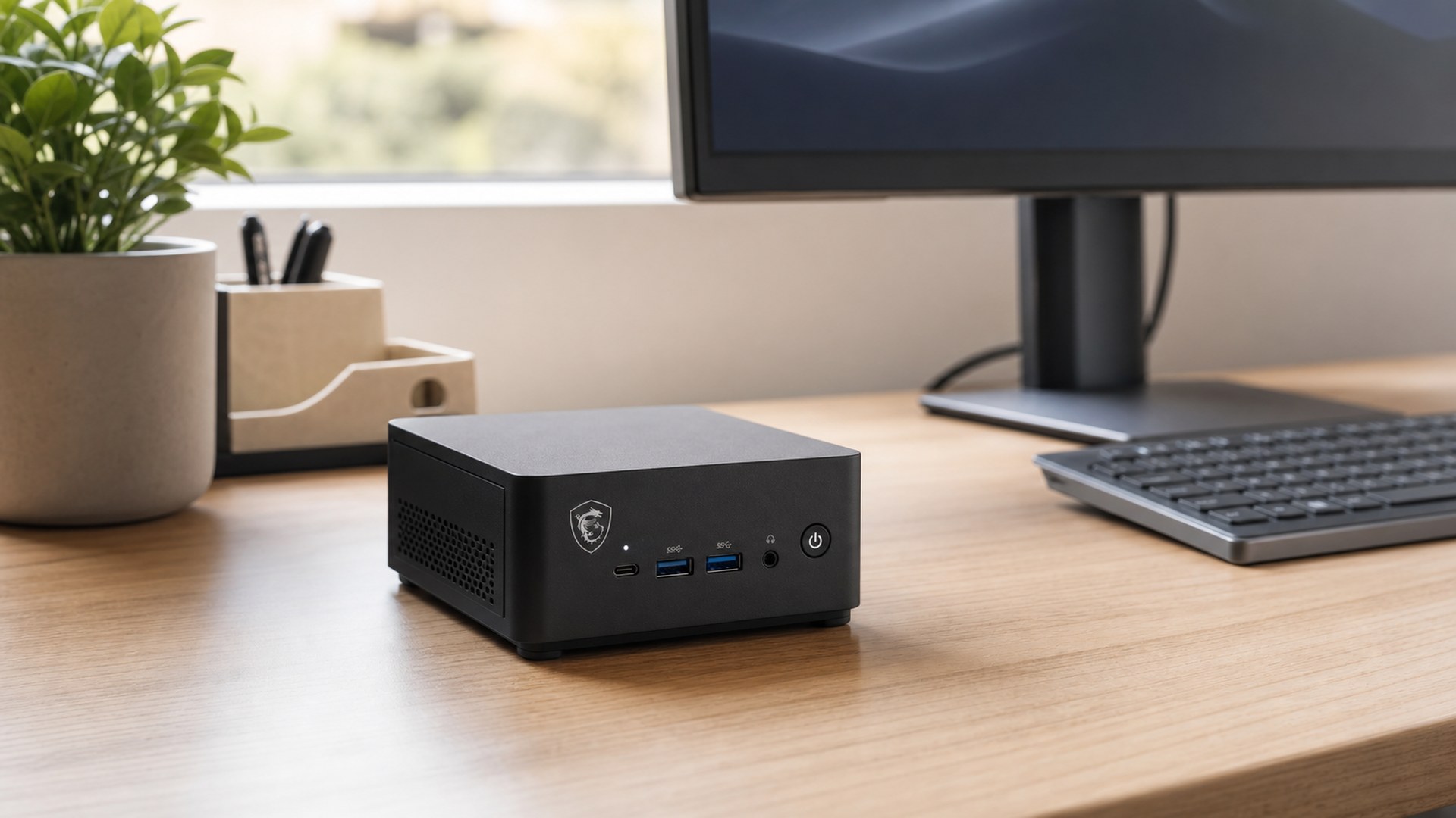 MSI Cubi NUC AI 1UM tiny black mini PC on a compact family office desk
