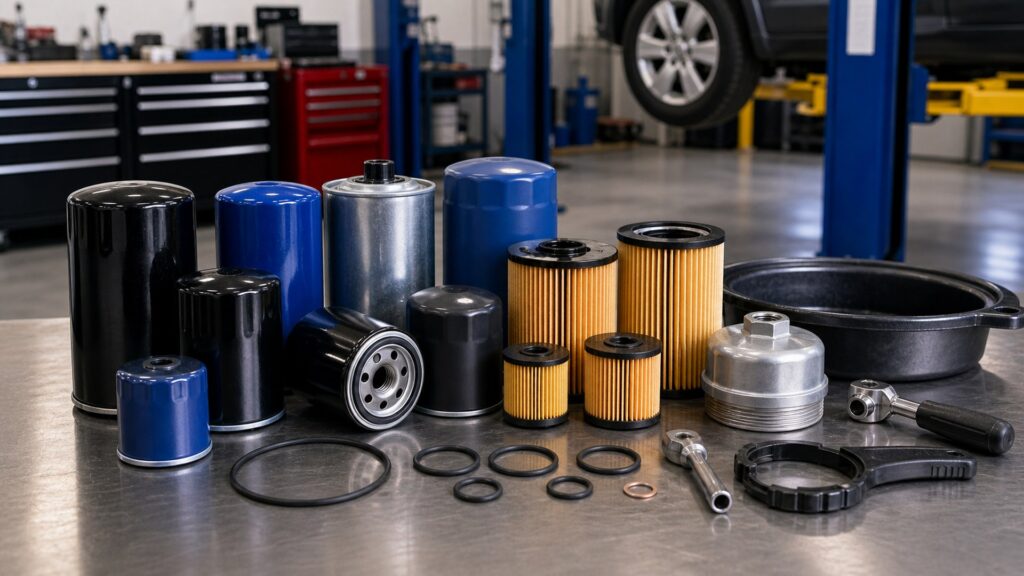 oil filters buying guide scene with related parts prepared for vehicle fitment checks