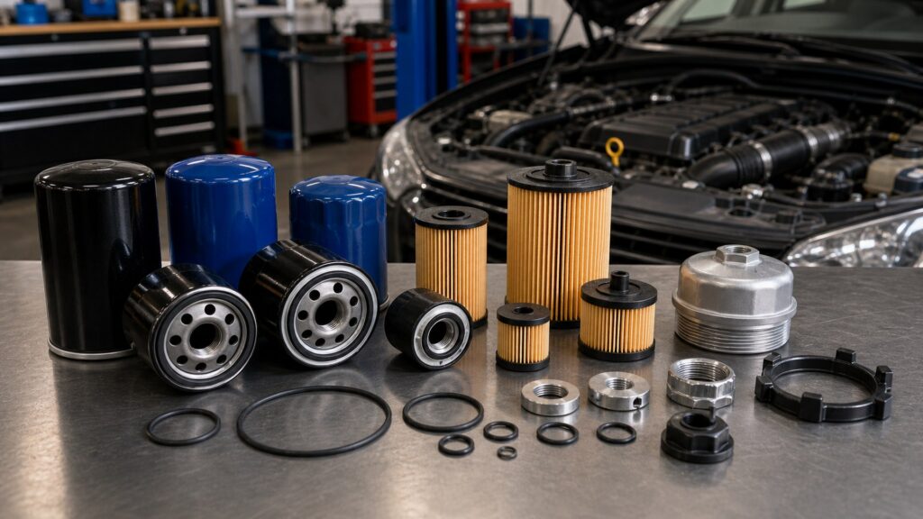 oil filters buying guide scene with related parts prepared for vehicle fitment checks