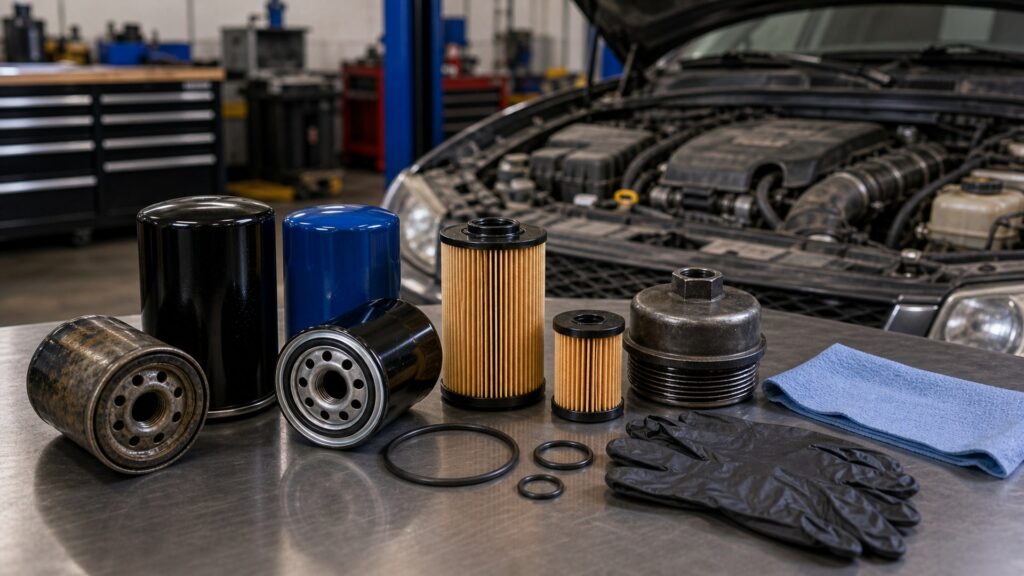 oil filters buying guide scene with related parts prepared for vehicle fitment checks