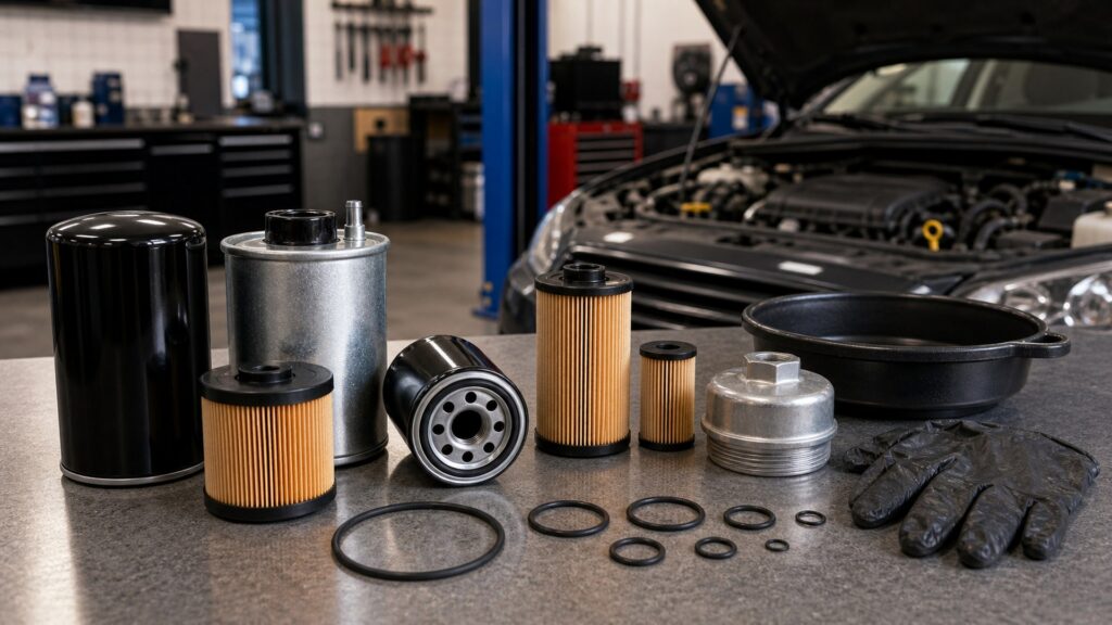 oil filters buying guide scene with related parts prepared for vehicle fitment checks