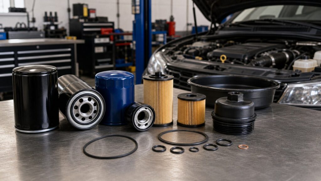 oil filters buying guide scene with related parts prepared for vehicle fitment checks