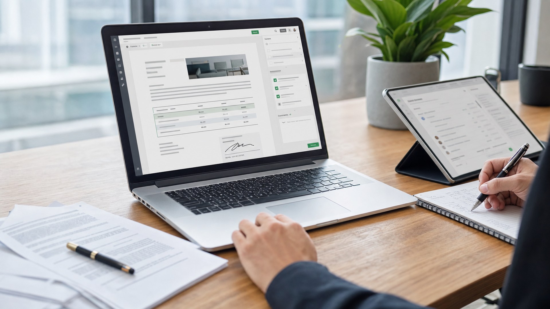 Ultra photorealistic business office scene representing PandaDoc AI proposal writing software