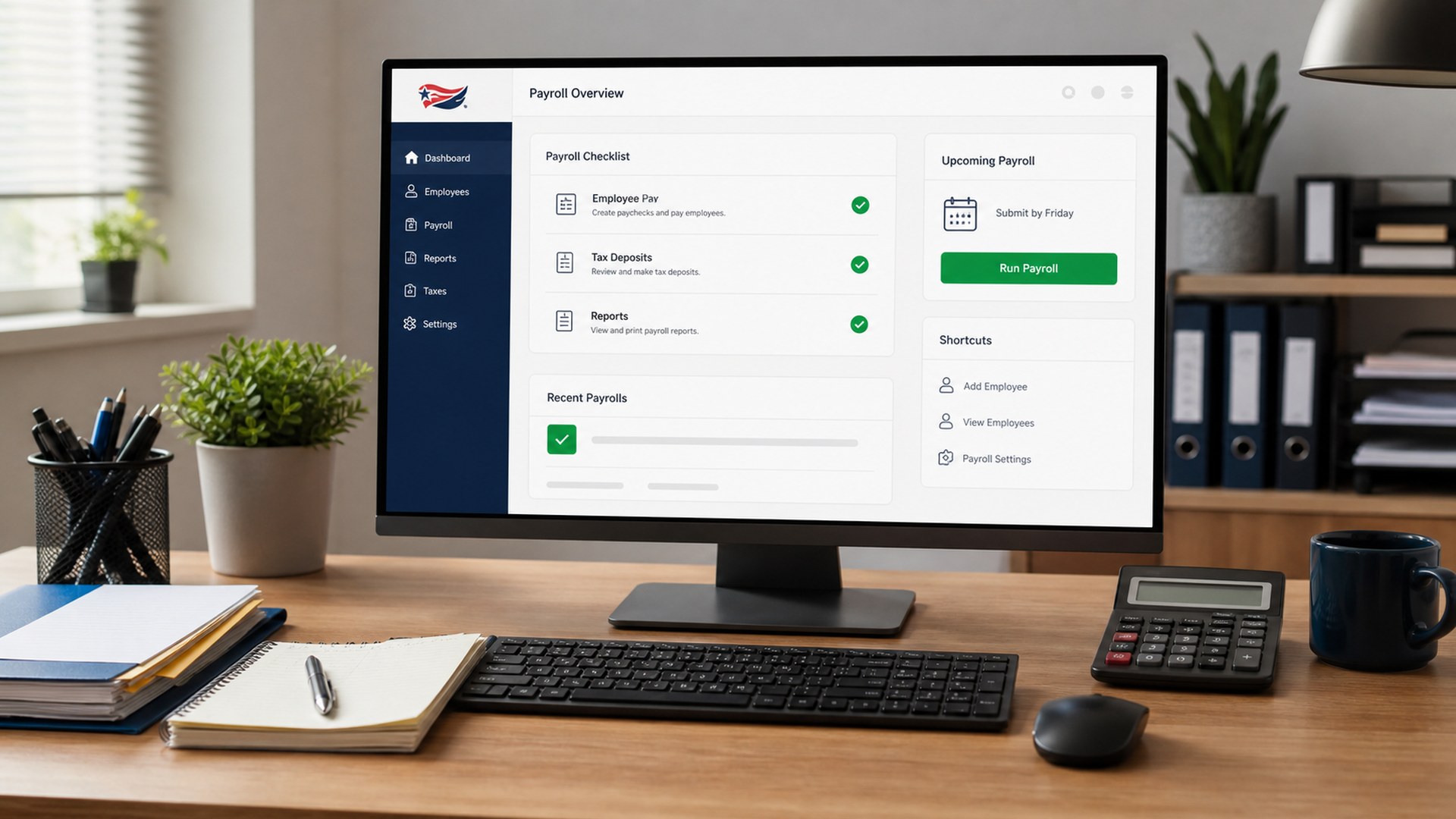 Patriot Payroll software dashboard on a small business desktop
