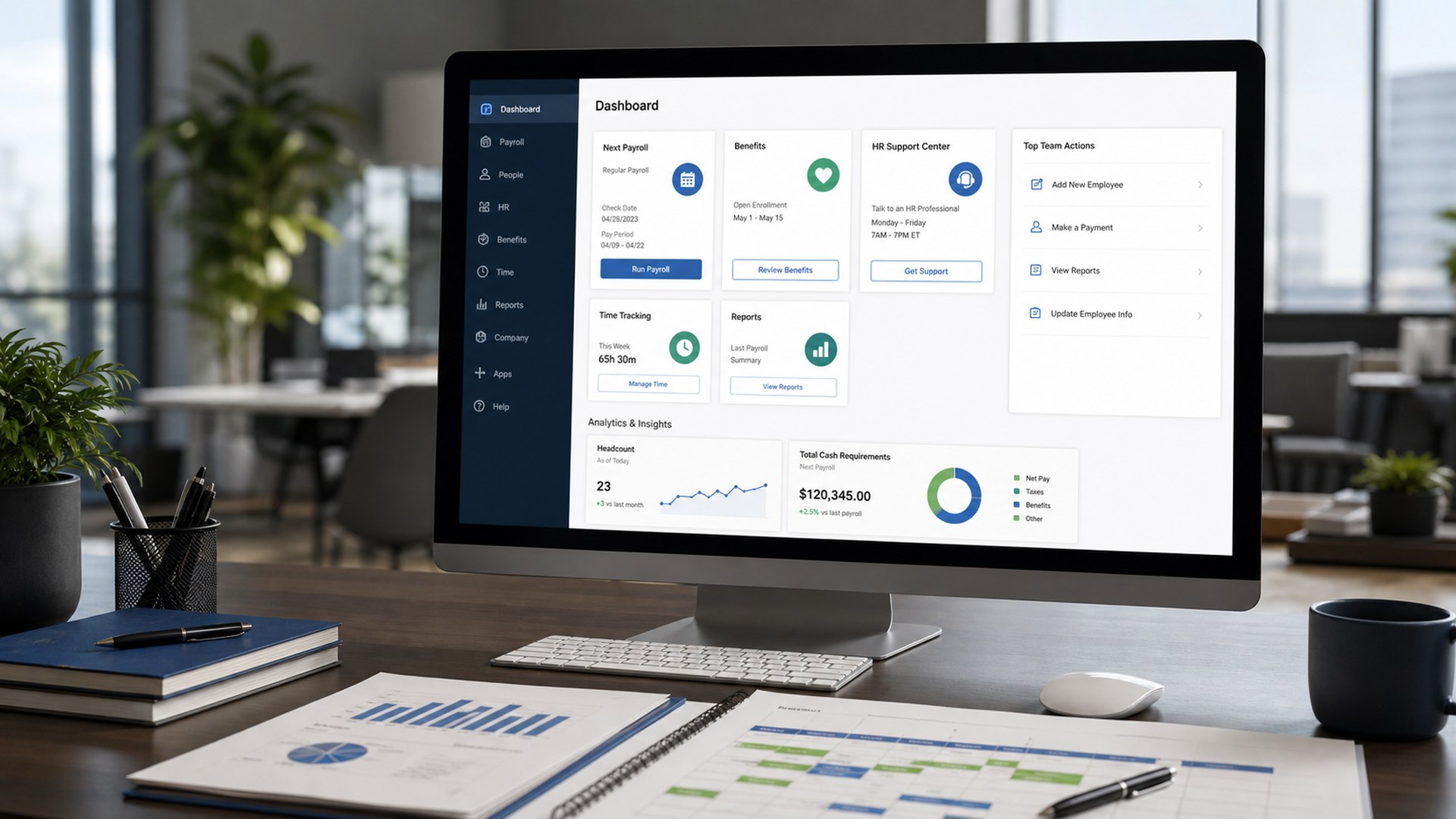 Paychex Flex payroll software dashboard on a desktop workstation