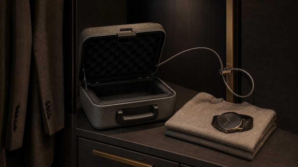 Portable hotel safe stored inside a travel wardrobe