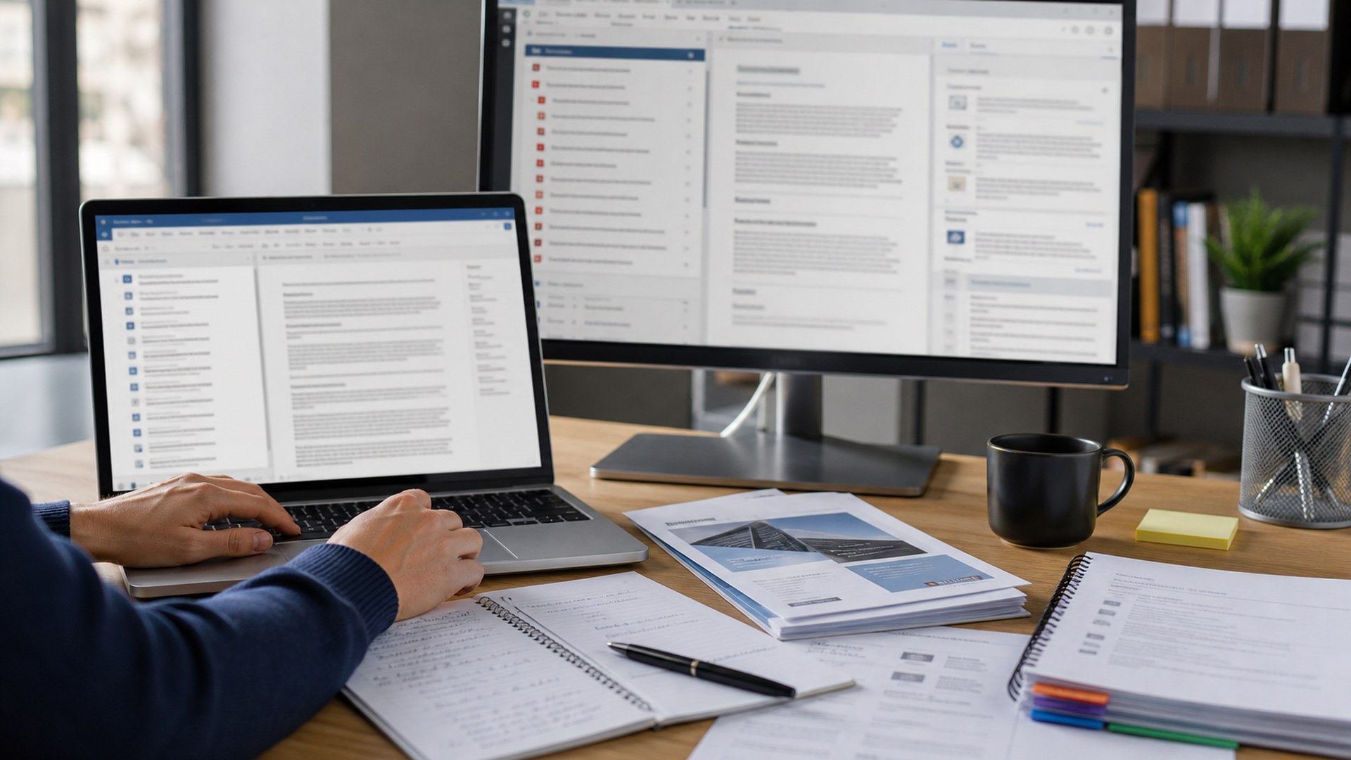 Ultra photorealistic business office scene representing QorusDocs AI proposal writing software