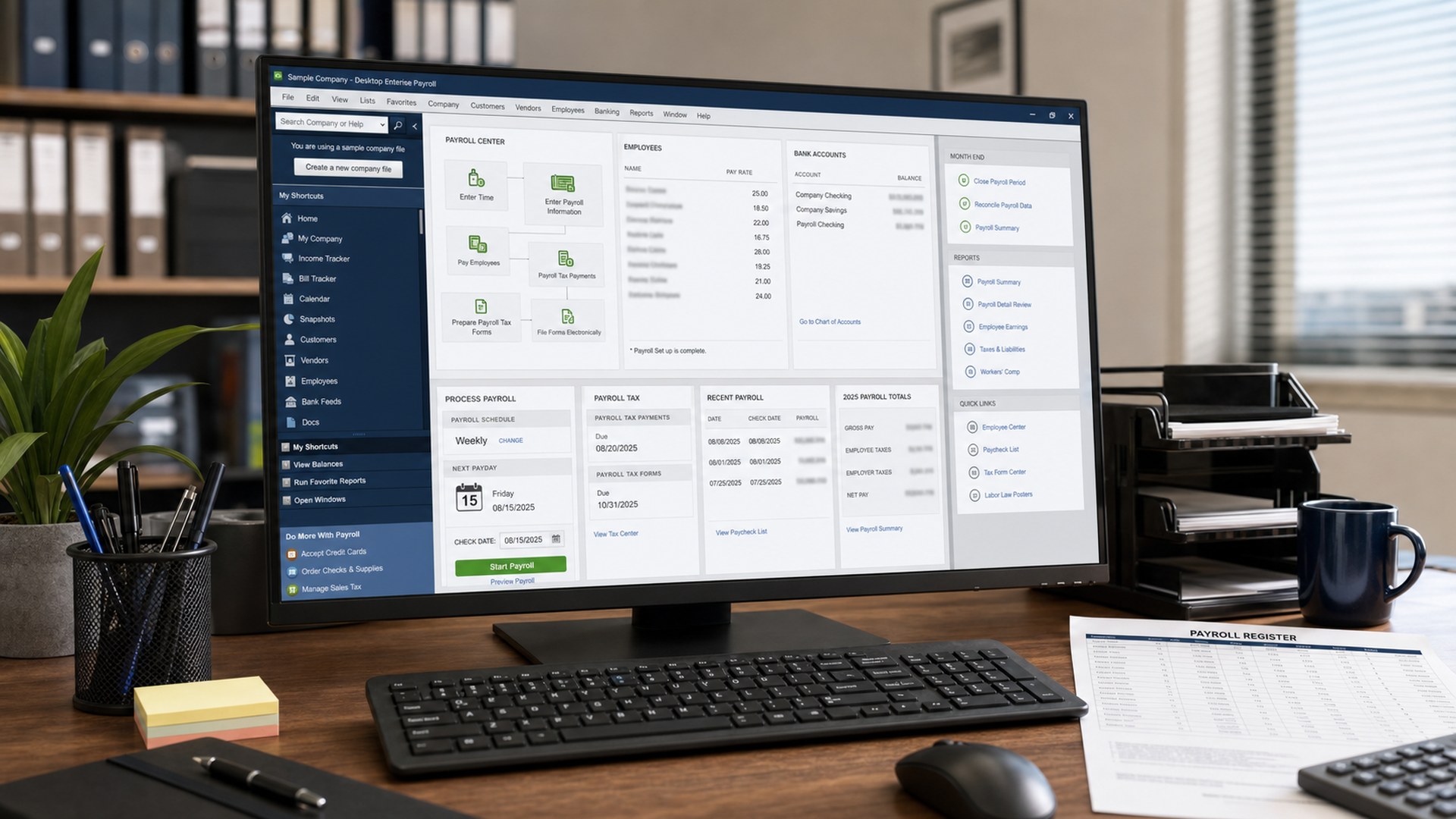 QuickBooks Desktop Enterprise Payroll running on an office desktop computer