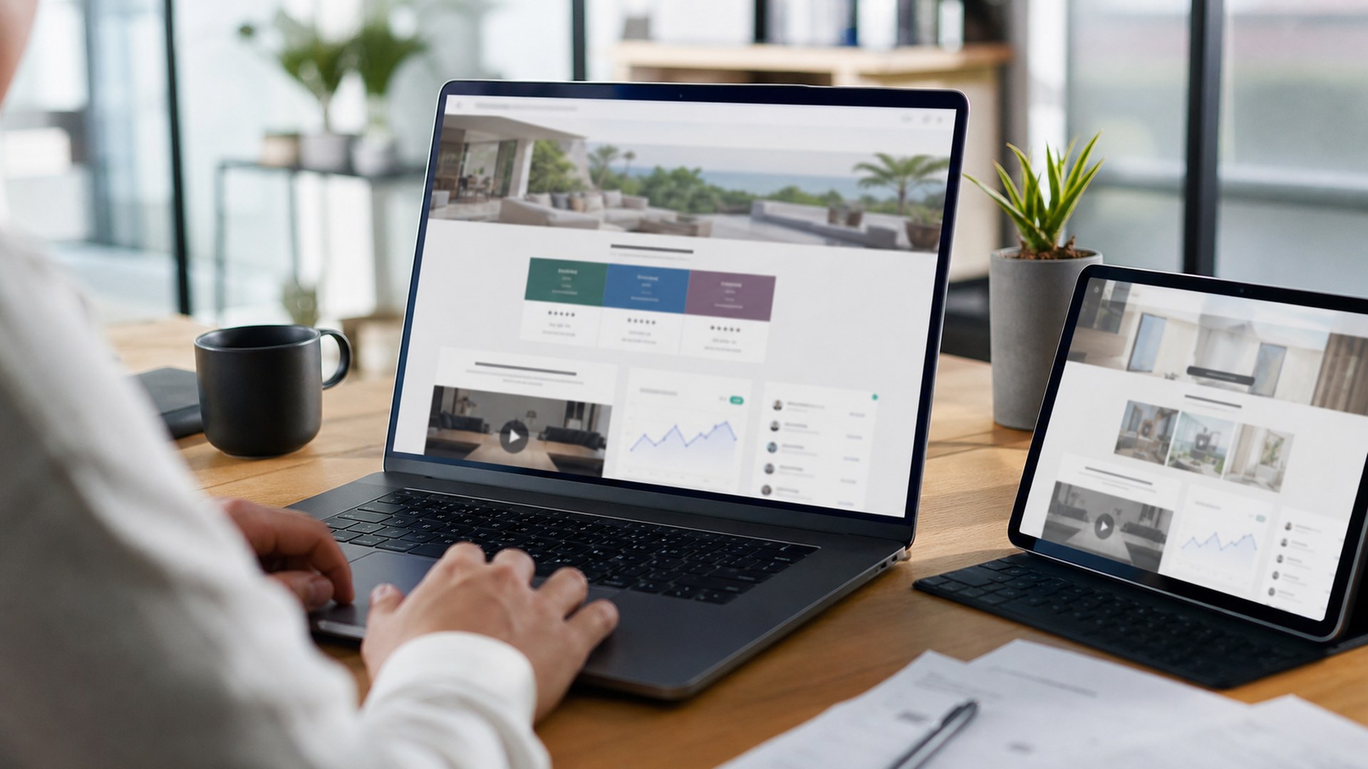 Ultra photorealistic business office scene representing Qwilr AI proposal writing software