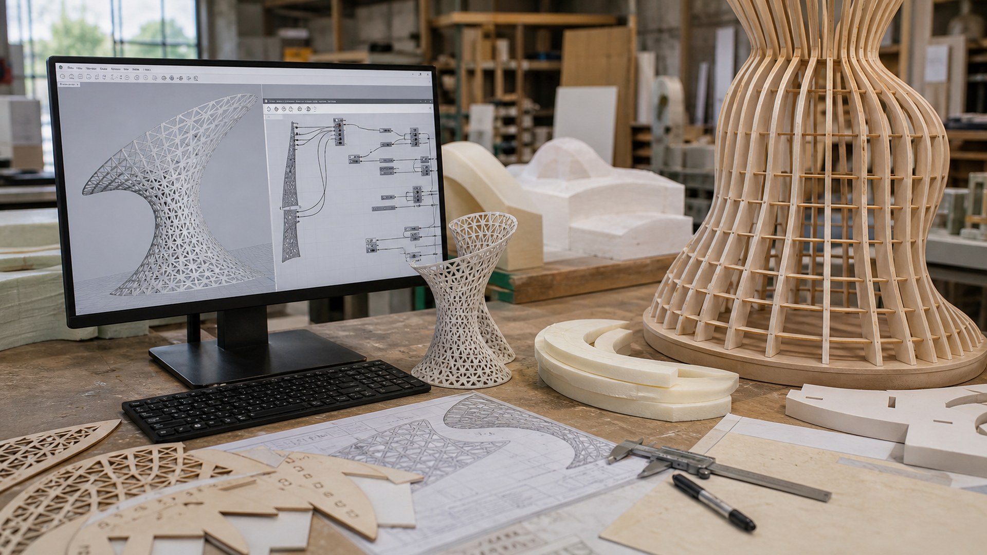 Rhino 8 and Grasshopper AI giant prop design tool in a photorealistic fabrication studio workflow