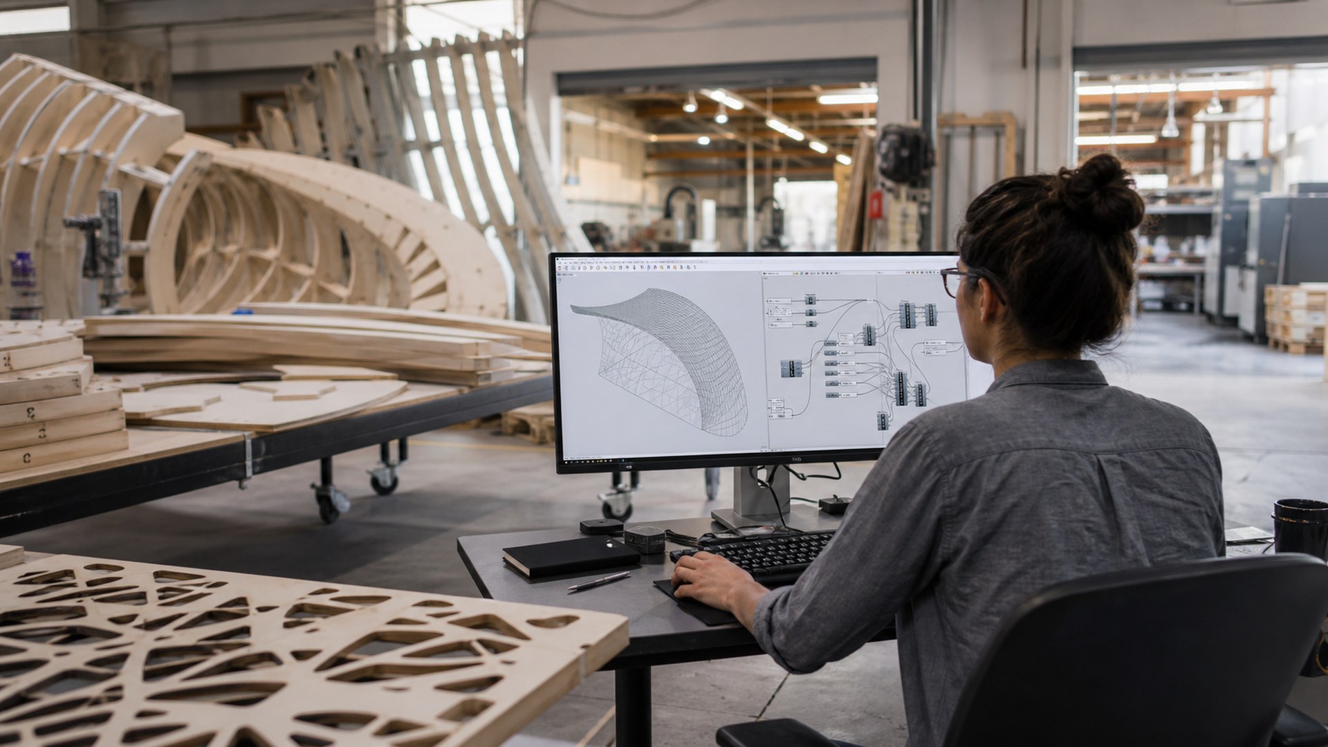 Rhino 8 and Grasshopper AI tool shown in a large format fabrication studio workflow