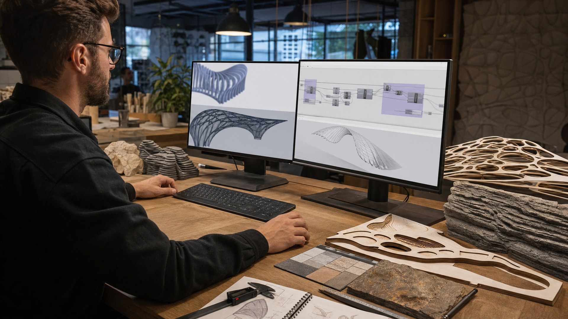Rhino 8 and Grasshopper AI tool shown in a theme park design studio workflow