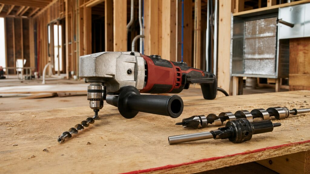 heavy-duty right-angle drill with large boring bits on a framed jobsite work surface