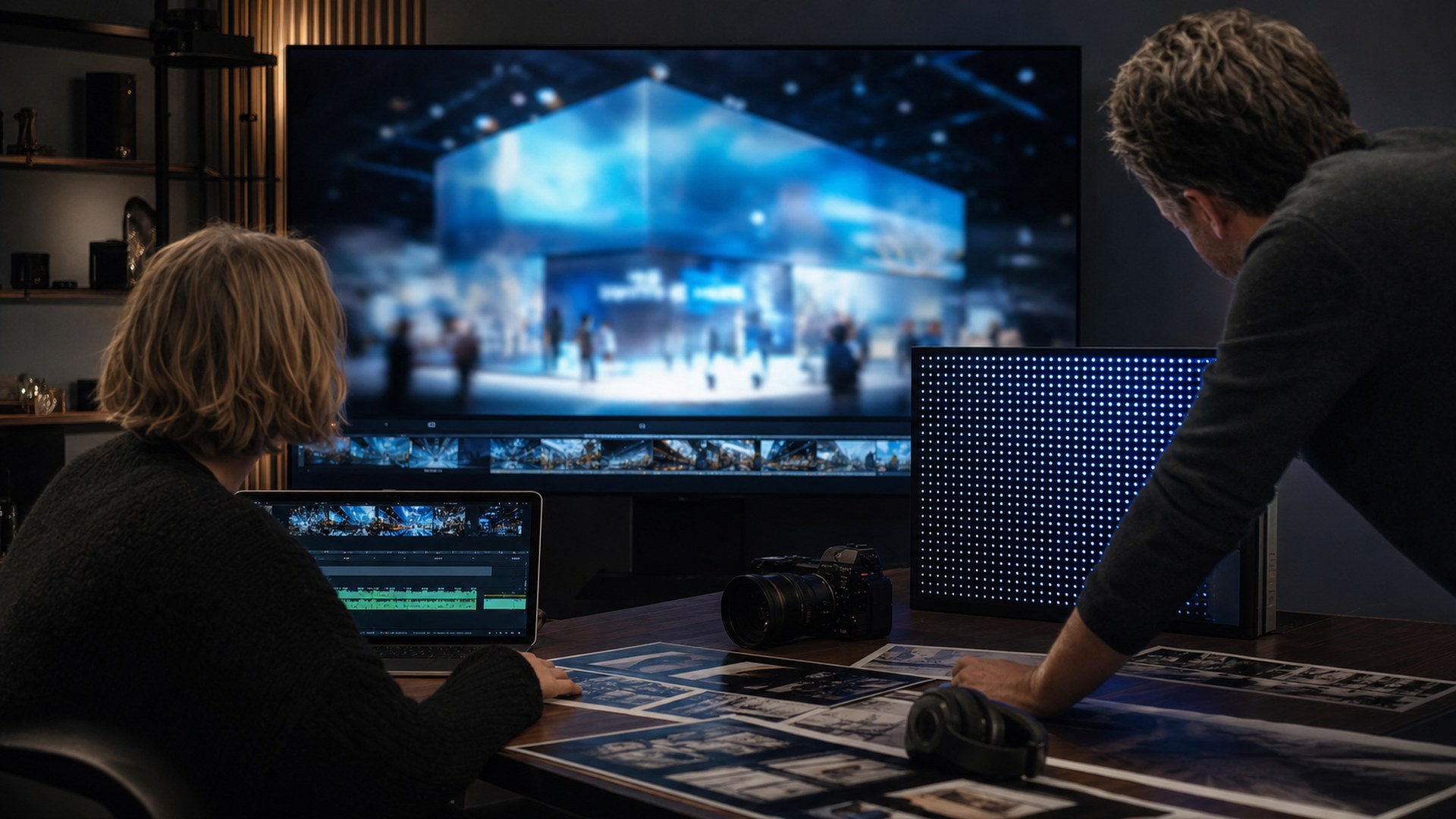 Runway AI tool in an ultra photorealistic editorial scene for a trade show exhibit builder workflow