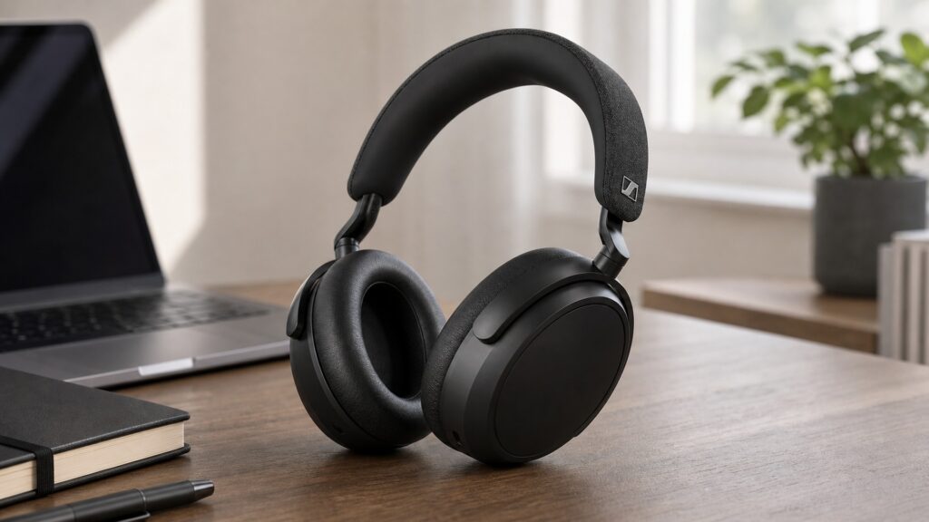 Sennheiser Momentum 4 Wireless headphones in a premium home and travel listening setup