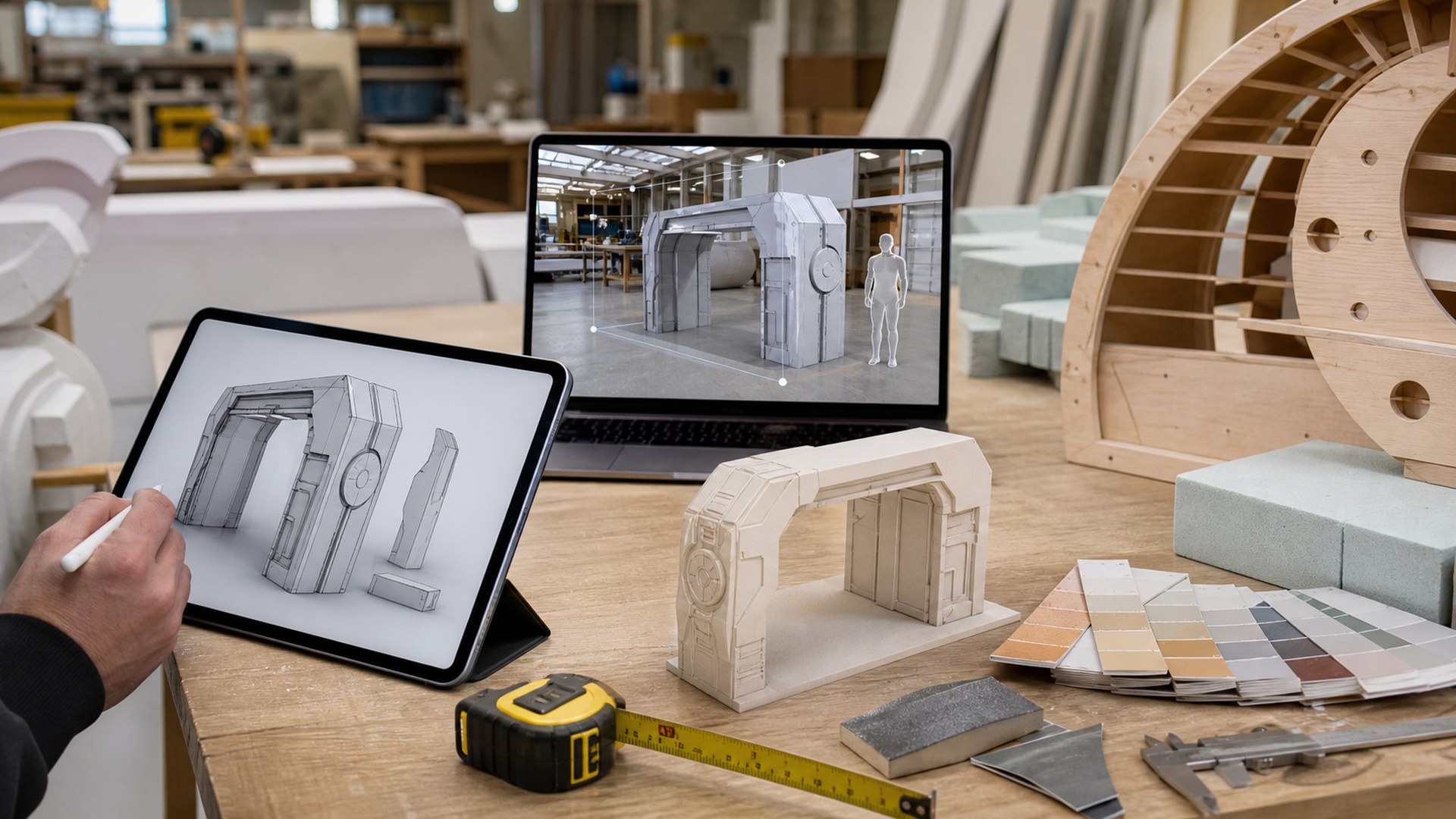 Shapr3D AI giant prop design tool in a photorealistic fabrication studio workflow
