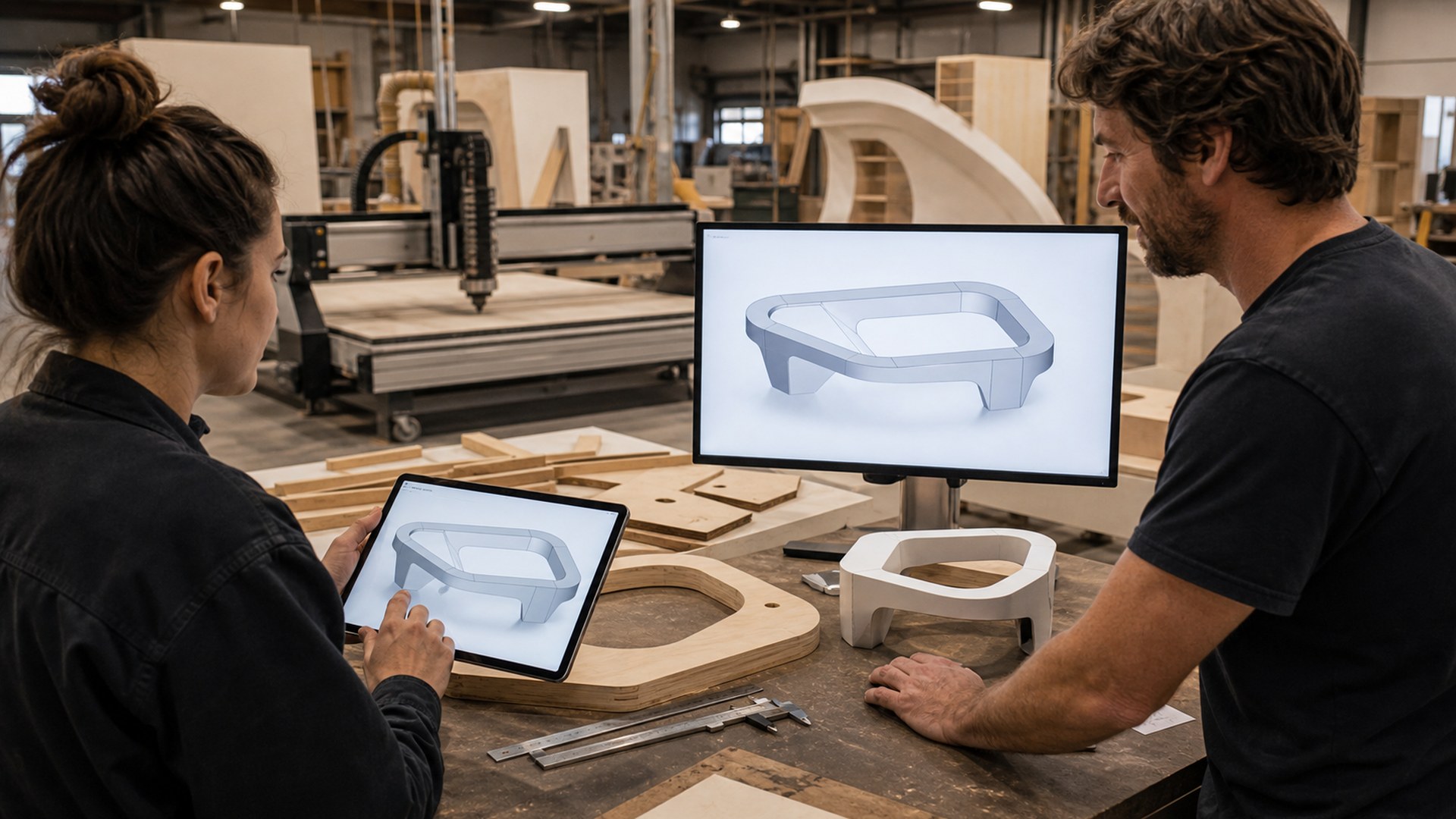 Shapr3D AI tool shown in a large format fabrication studio workflow