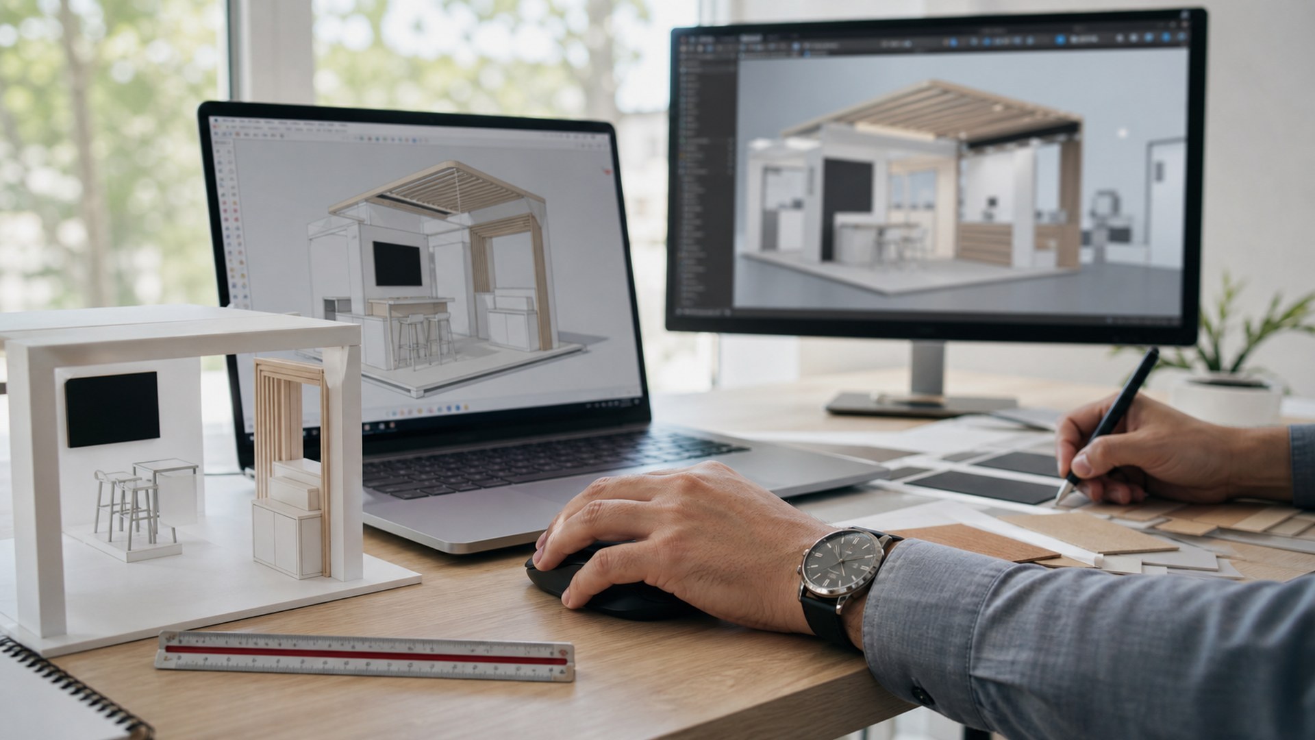 SketchUp AI Render AI tool in an ultra photorealistic editorial scene for a trade show exhibit builder workflow