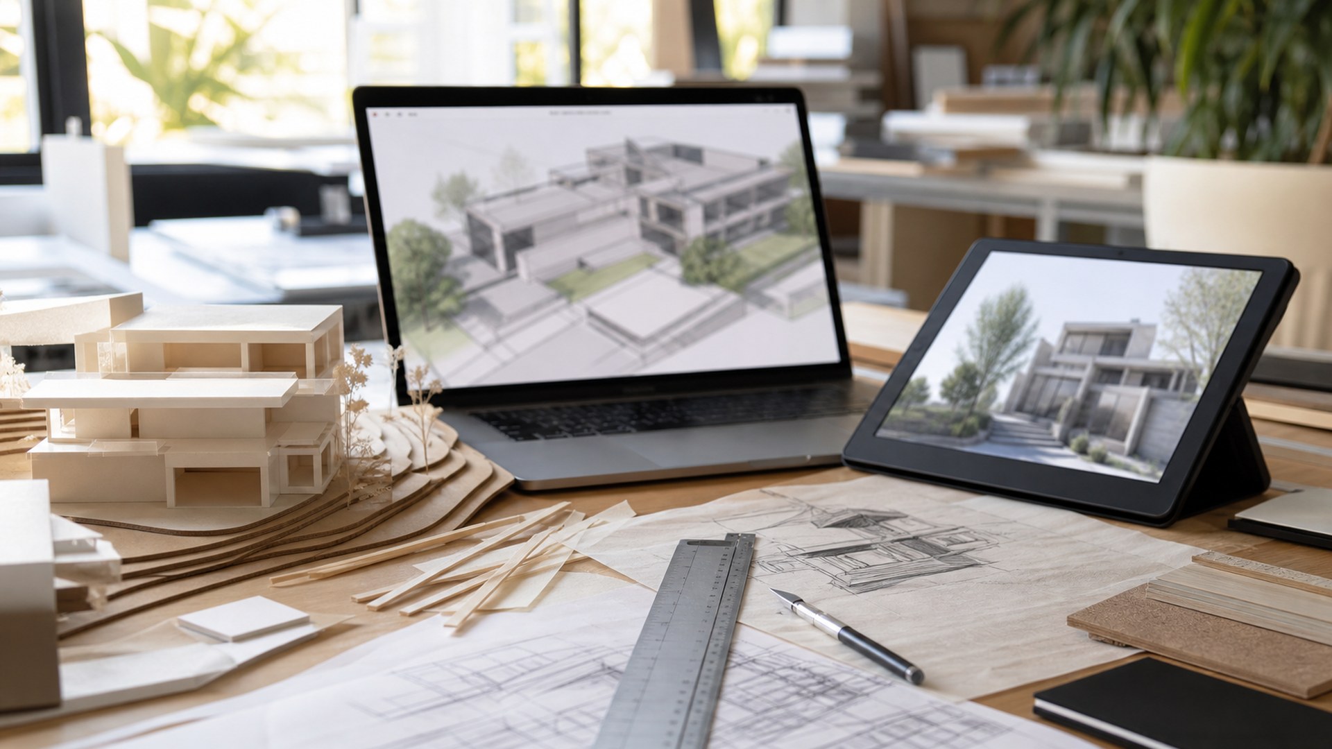 SketchUp Diffusion AI architectural model making tool shown in a photorealistic studio model workflow