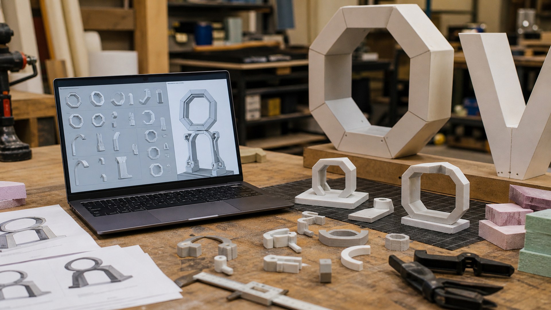 Sloyd AI giant prop design tool in a photorealistic fabrication studio workflow