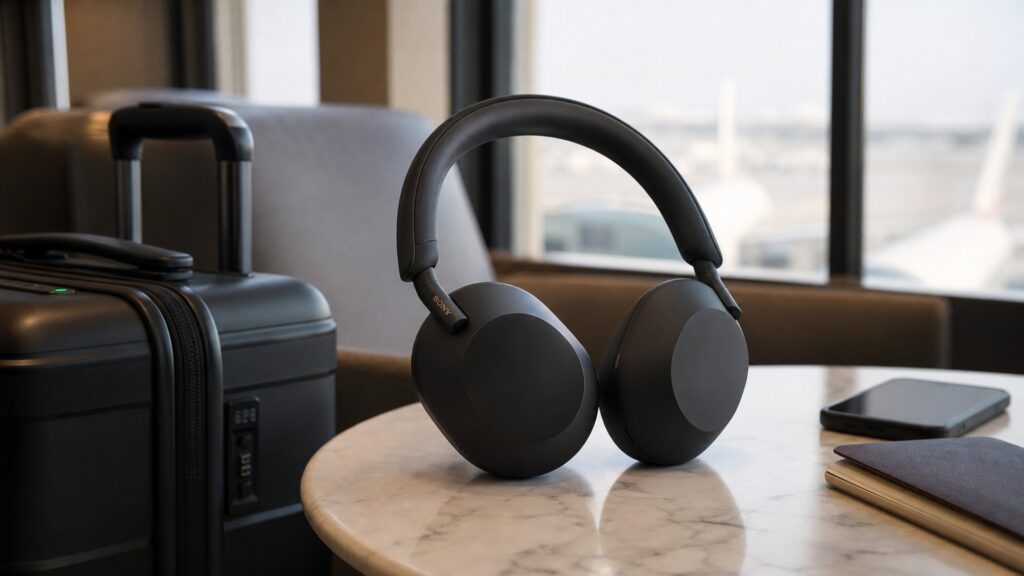 Sony WH-1000XM5 over-ear noise-canceling headphones in a premium travel listening setup