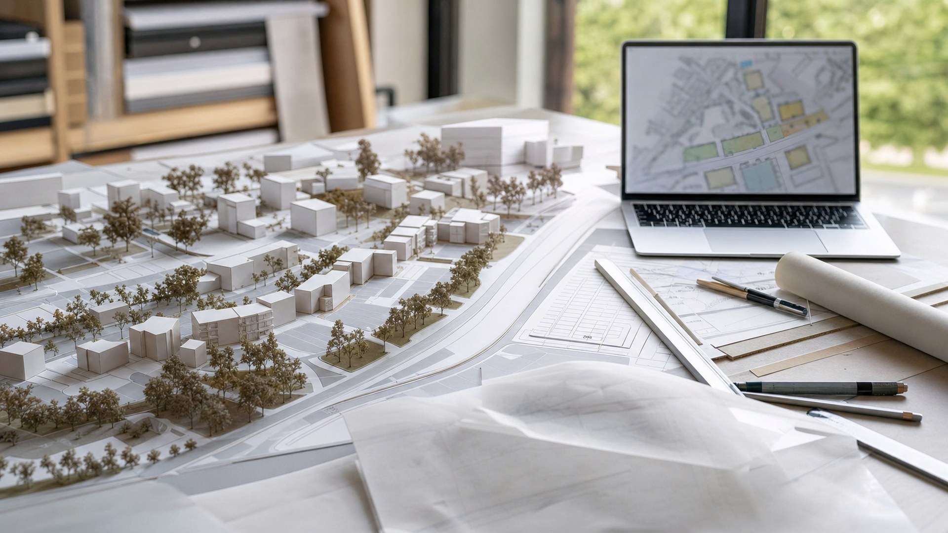 TestFit AI architectural model making tool shown in a photorealistic studio model workflow
