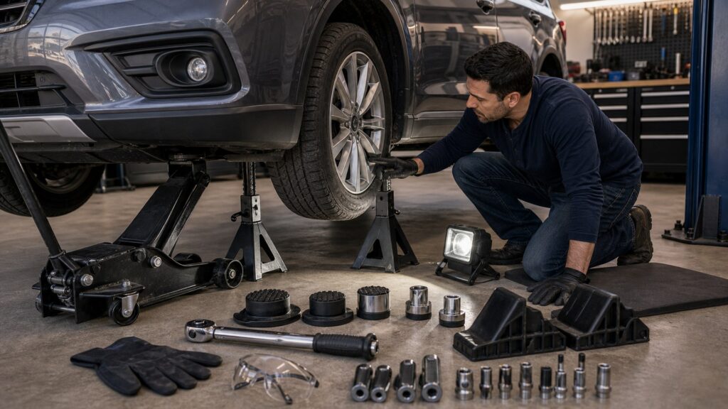tools & garage equipment shopping setup for lift and safety requirements with practical vehicle-focused details