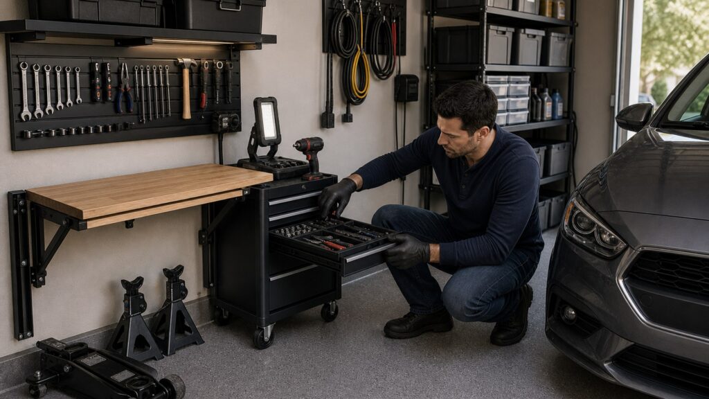 tools & garage equipment shopping setup for space-saving garage setups with practical vehicle-focused details