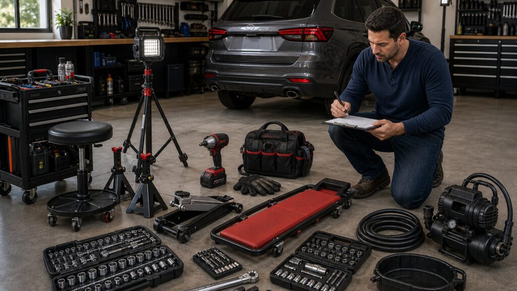 tools & garage equipment shopping setup for overall selection with practical vehicle-focused details