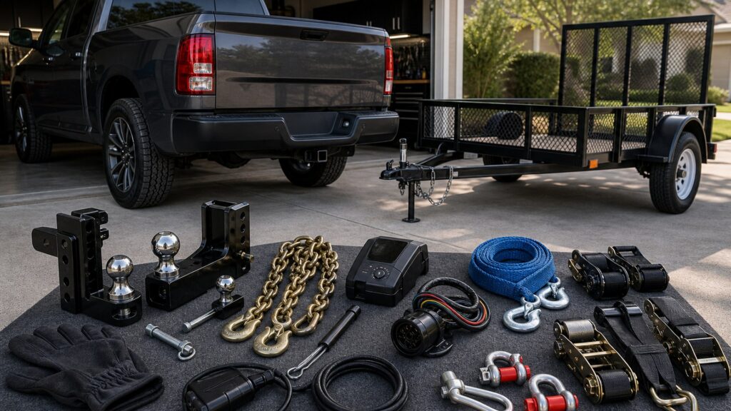 towing, trailers & hauling shopping setup for overall selection with practical vehicle-focused details
