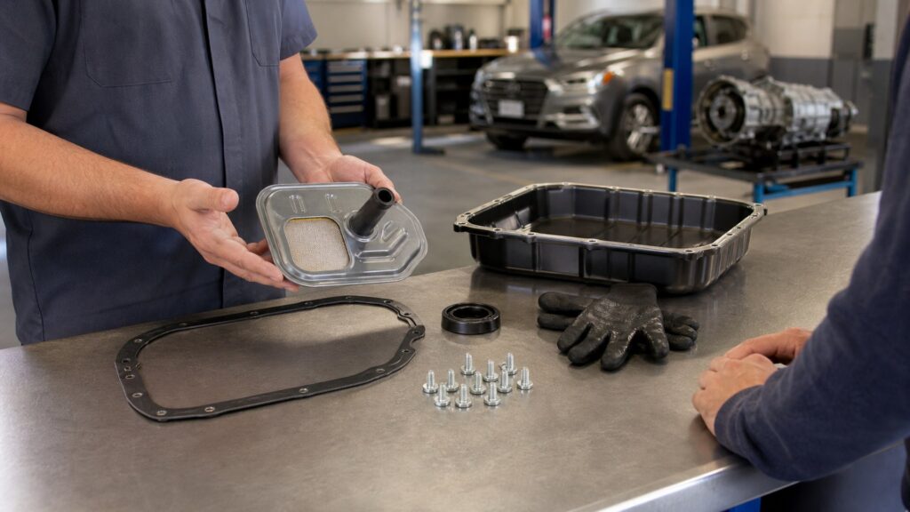 transmission filters buying guide scene with related parts prepared for vehicle fitment checks