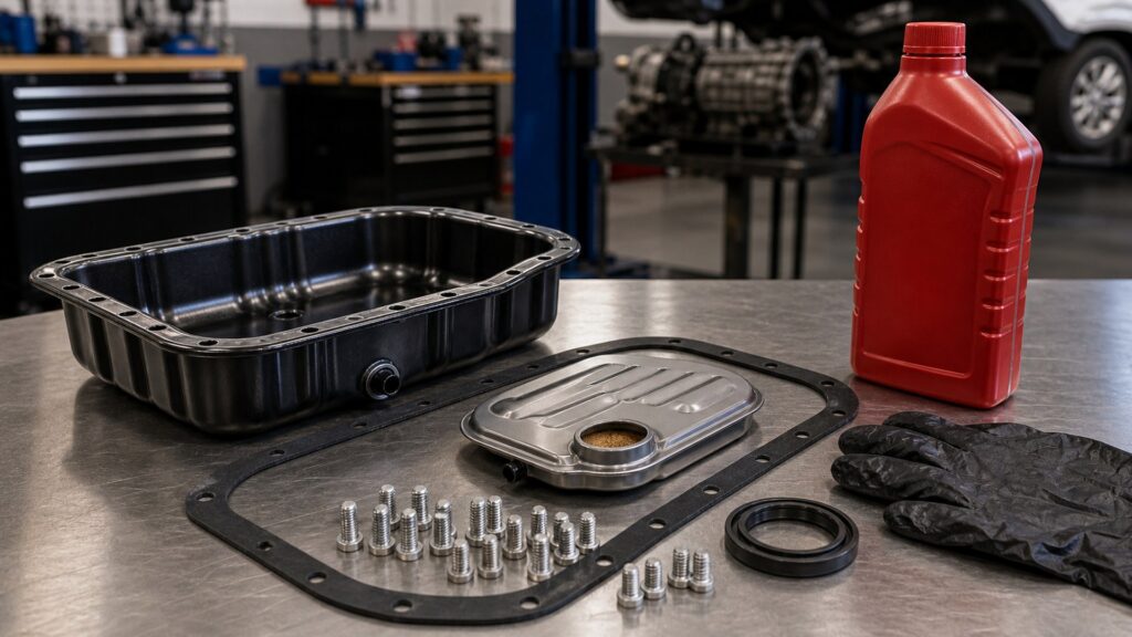 transmission filters buying guide scene with related parts prepared for vehicle fitment checks