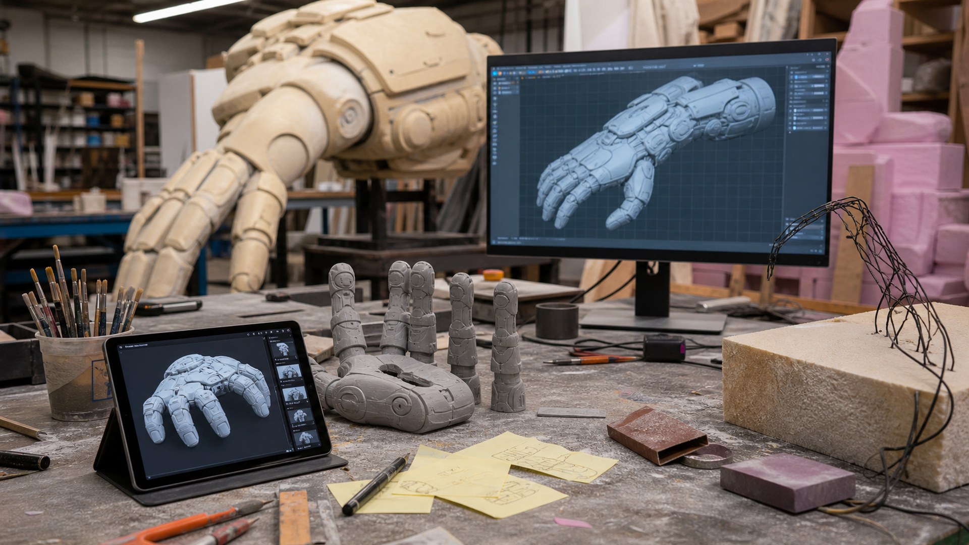 Tripo AI AI giant prop design tool in a photorealistic fabrication studio workflow