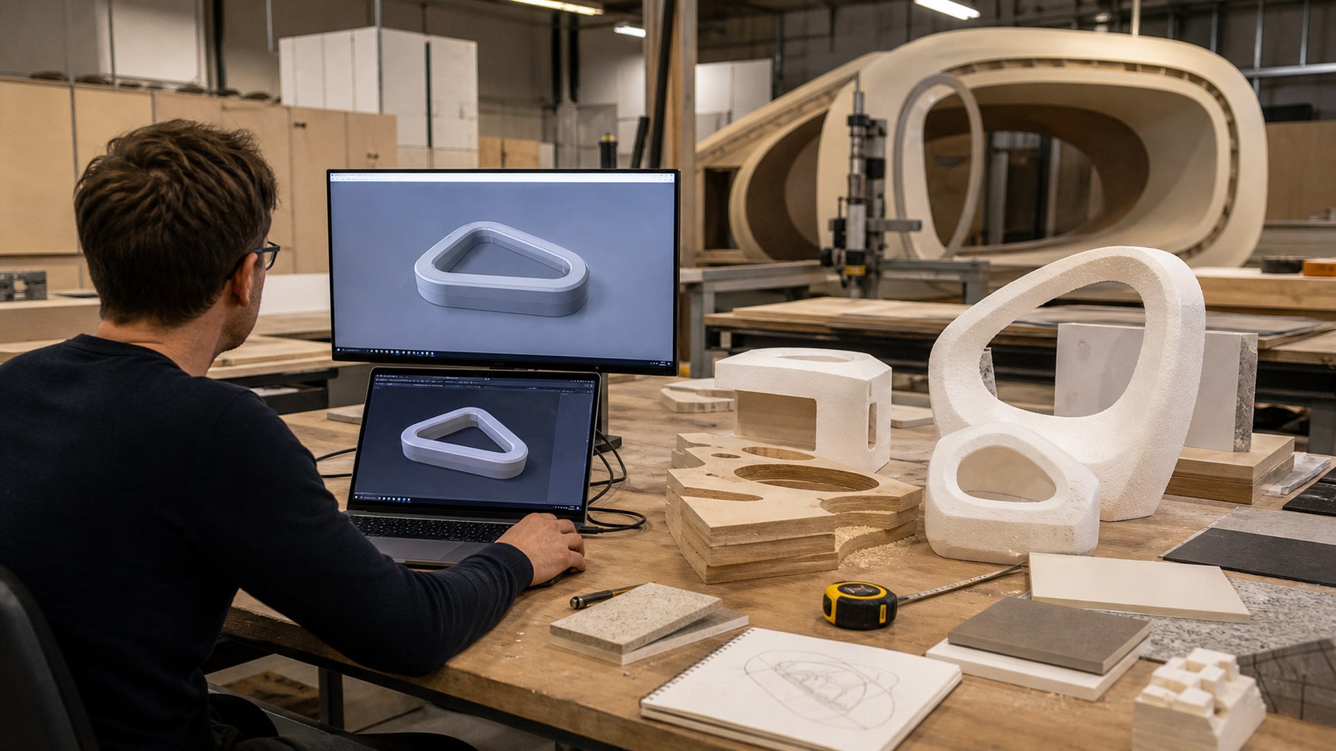 Tripo AI AI tool shown in a large format fabrication studio workflow
