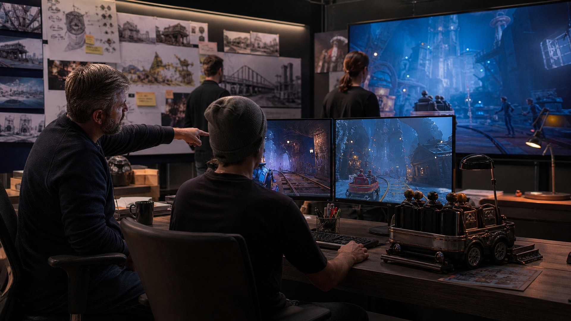 Unreal Engine 5 AI tool shown in a theme park design studio workflow