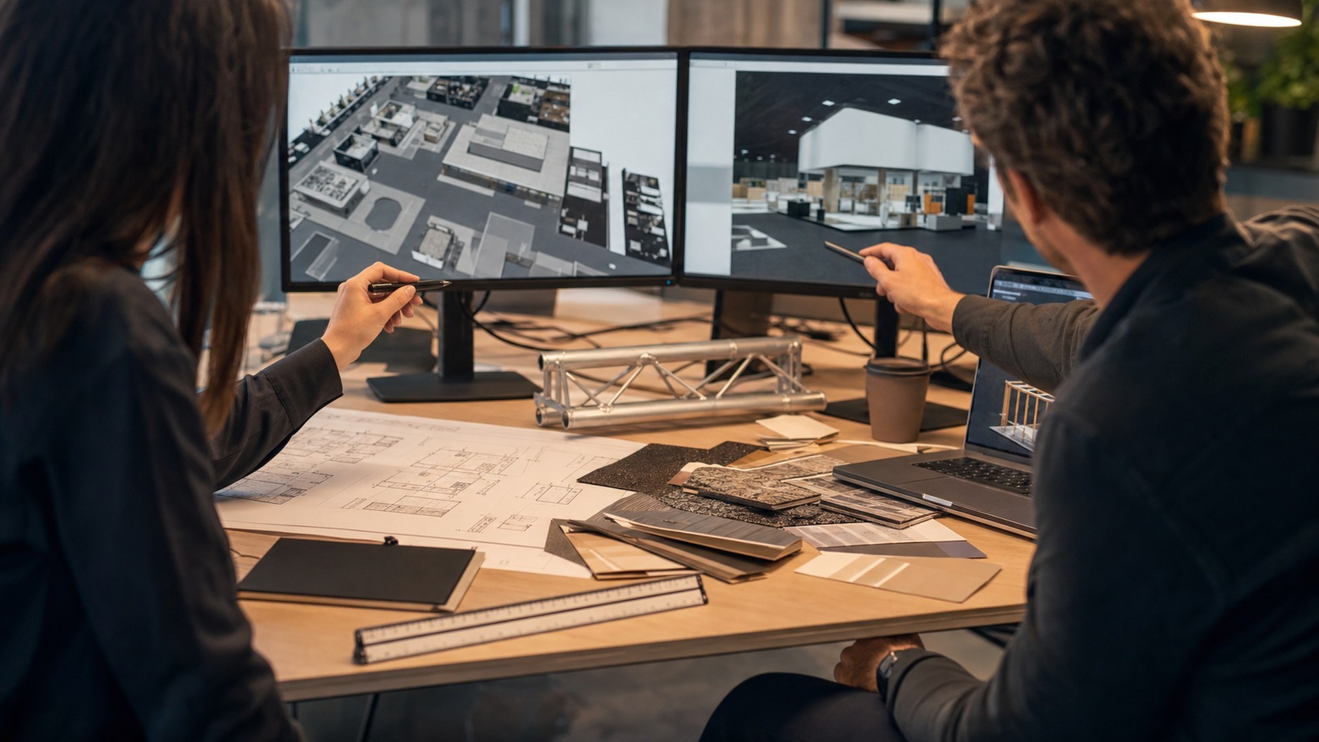 Vectorworks AI Visualizer AI tool in an ultra photorealistic editorial scene for a trade show exhibit builder workflow