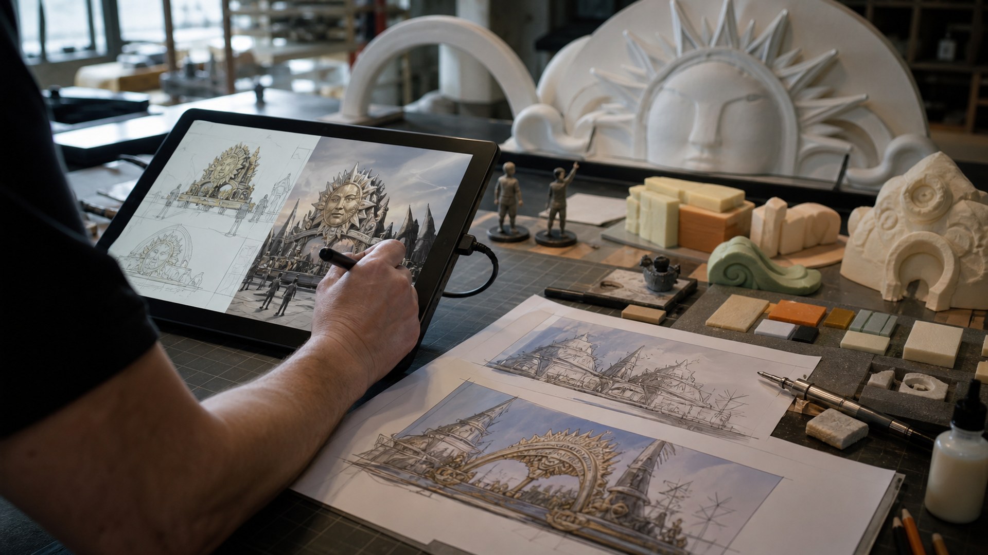Vizcom AI giant prop design tool in a photorealistic fabrication studio workflow
