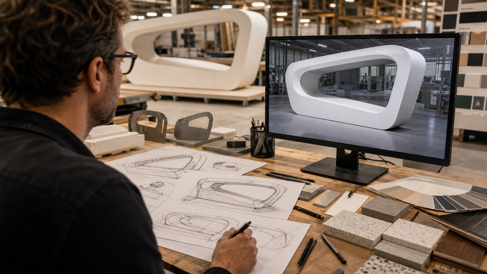 Vizcom AI tool shown in a large format fabrication studio workflow