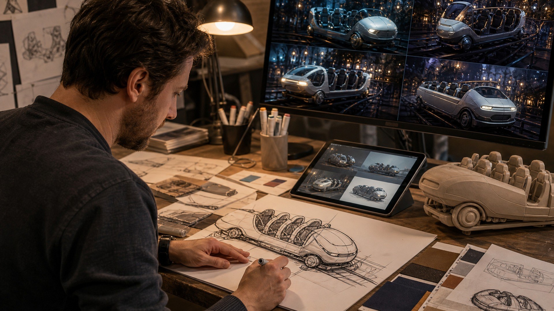 Vizcom AI tool shown in a theme park design studio workflow