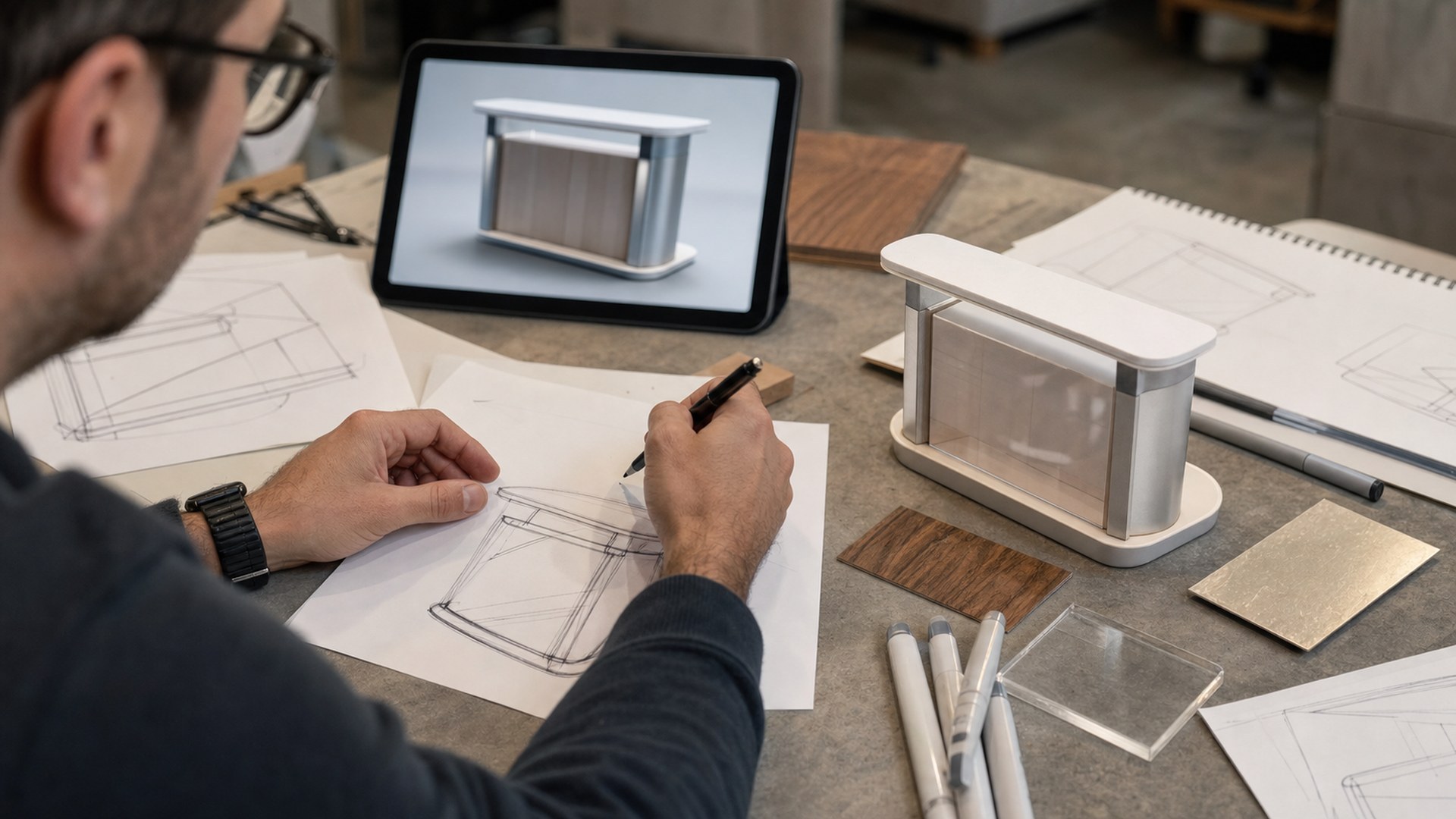 Vizcom AI tool in an ultra photorealistic editorial scene for a trade show exhibit builder workflow