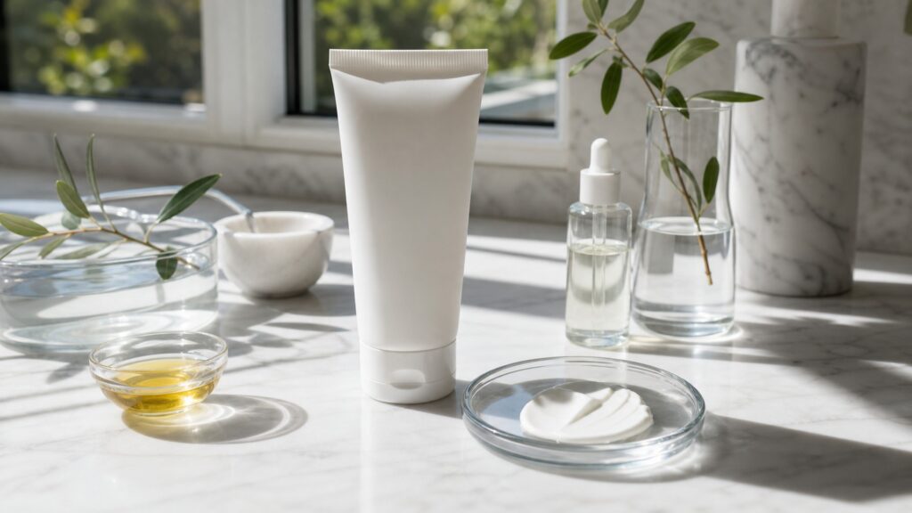 unbranded chemical sunscreen and lotion texture on a clean skincare counter