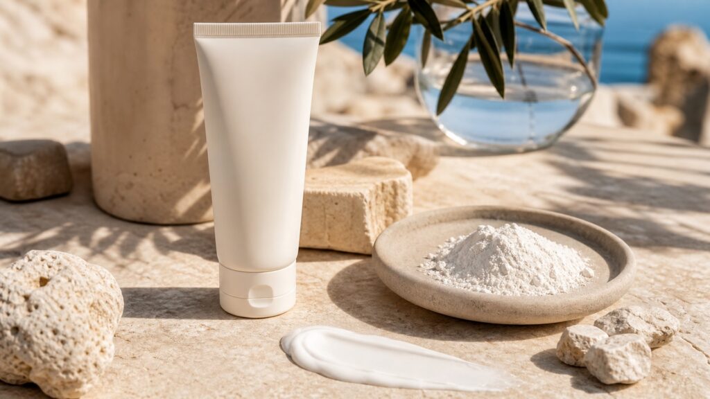 unbranded mineral sunscreen with white mineral powder and cream swatch