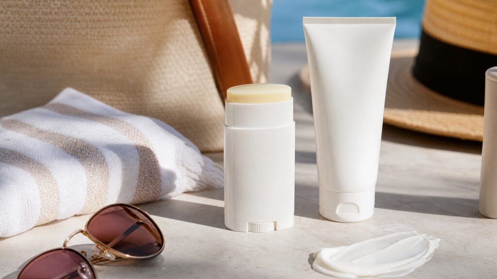 unbranded sunscreen stick beside traditional sunscreen lotion on a travel-ready surface