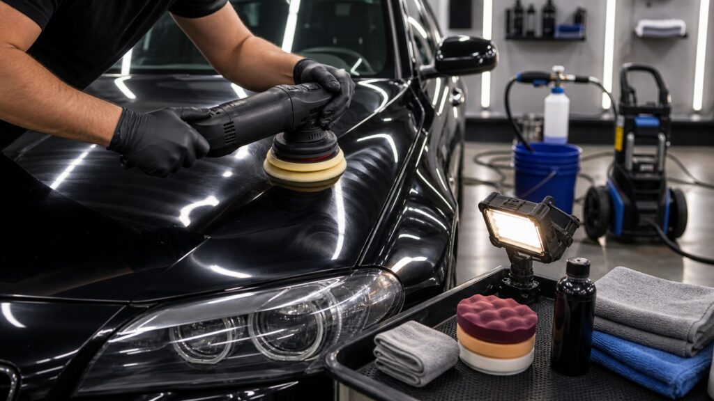 polishing & paint correction different from car wash equipment explainer hero image for Review Streets