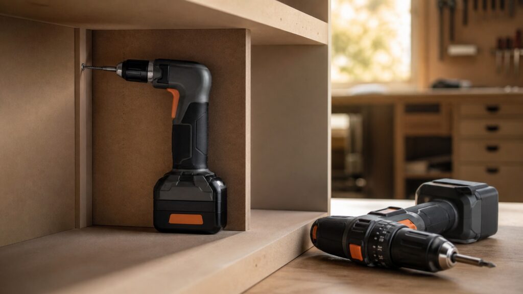Right-angle drill reaching a cabinet fastener beside a conventional inline drill