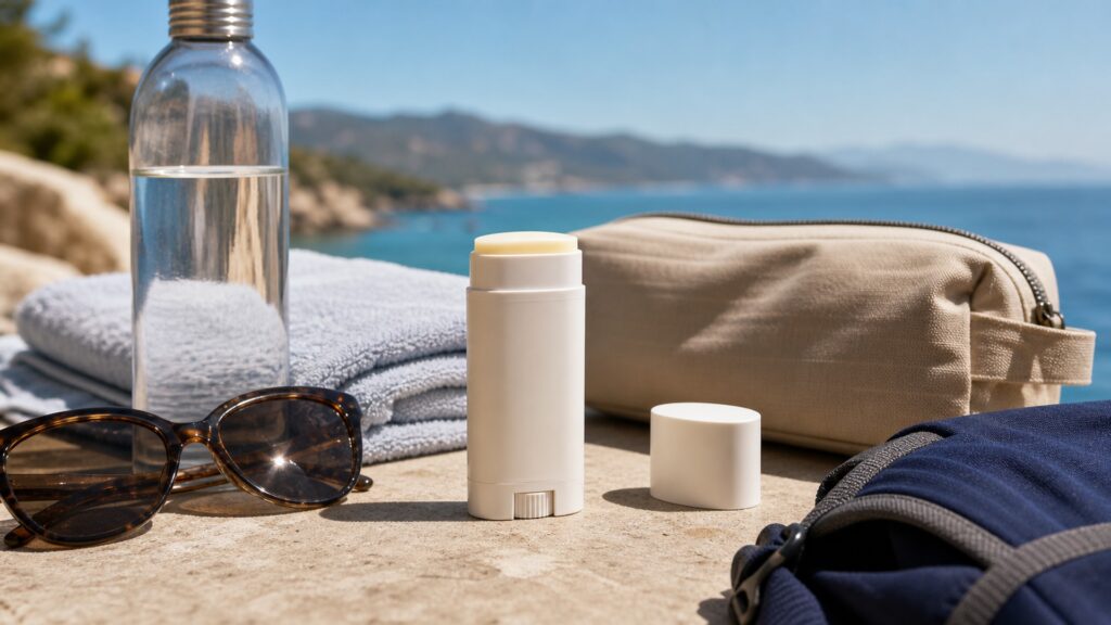 portable unbranded sunscreen stick with travel and outdoor accessories in sunlight