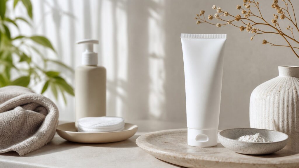 gentle unbranded mineral sunscreen with cotton pads and skincare items